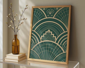 Art Deco Fan Pyramid Print, Emerald Green Gold Geometric 1920s Poster, Wall Art