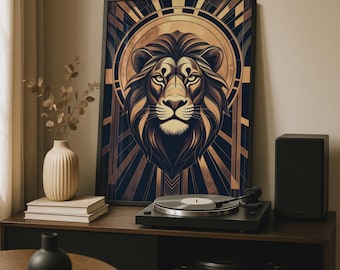 Regal Lion Art Deco Print: Navy and Gold Wall Decor