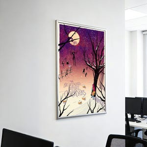 May include: A framed poster featuring a scene from "The Nightmare Before Christmas." The artwork depicts a purple and black night sky with a full moon, a leafless tree, and characters from the movie. The title is written in a stylized font.