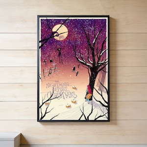 May include: Framed art print featuring a scene from "The Nightmare Before Christmas." The artwork depicts a snowy landscape with a full moon, bare trees, and Jack Skellington. The title is printed at the bottom.