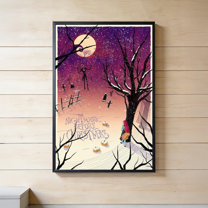 May include: Framed art print featuring a scene from "The Nightmare Before Christmas." The artwork depicts a snowy landscape with a full moon, bare trees, and Jack Skellington. The title is printed at the bottom.