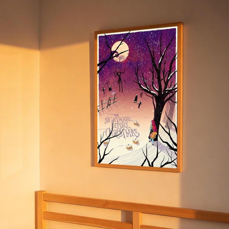 May include: A framed art print featuring a scene from "The Nightmare Before Christmas." The artwork depicts a spooky landscape with a full moon, bare trees, and the text "The Nightmare Before Christmas." The color palette includes purple, black, and white.
