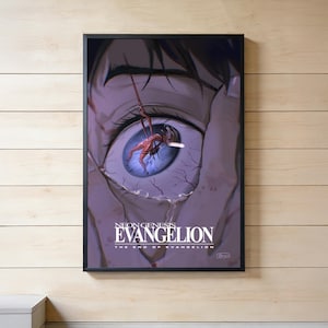 May include: A framed poster featuring a close-up illustration of a human eye with a red figure reflected in the iris. The text NEON GENESIS EVANGELION THE END OF EVANGELION is printed in white at the bottom against a dark purple and grey background.