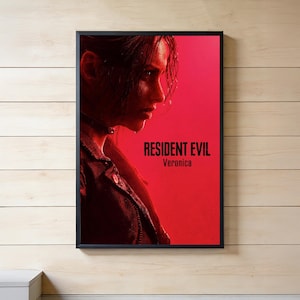 Può includere: Un poster verticale incorniciato che mostra il profilo di una persona con capelli scuri su uno sfondo rosso vibrante. Il testo Resident Evil Veronica è stampato in nero nel quadrante in basso a destra. La persona indossa una giacca scura con colletto.