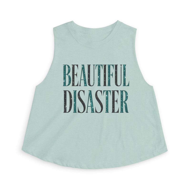 Disaster Cropped Tank, Teal Glitter Graphic Tee, Edgy Sassy Top image 4