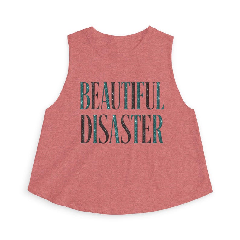 Disaster Cropped Tank, Teal Glitter Graphic Tee, Edgy Sassy Top image 3