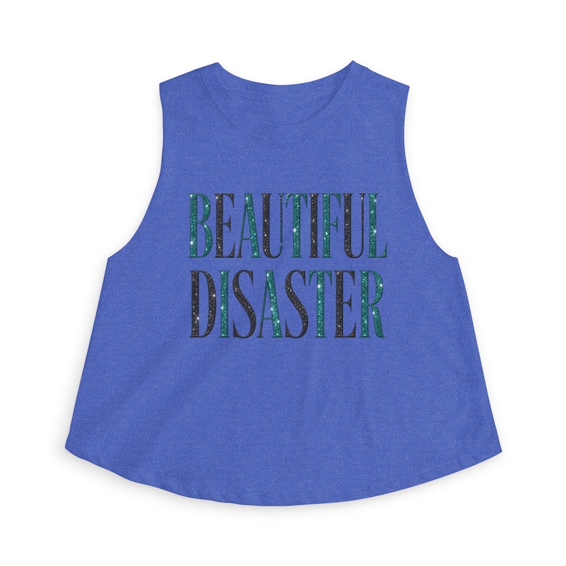 Disaster Cropped Tank, Teal Glitter Graphic Tee, Edgy Sassy Top image 5