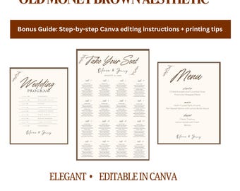Old Money Aesthetic, Elegant Wedding Stationery Templates | Editable Canva for Menu, Program, Seating Chart |  Digital Download