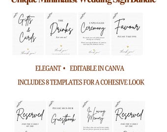 Unique Minimalist Wedding Sign Bundle | Editable Canva Templates | 8 Signs for Reception Guestbook Unplugged Ceremony Digital Download