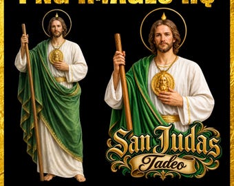 May include: Two depictions of Saint Jude Thaddeus wearing a white robe and green cloak, holding a wooden staff and wearing a gold medallion with a face. The text PNG IMAGES HQ, San Judas Tadeo, and DIGITAL FILE are visible on a black background.