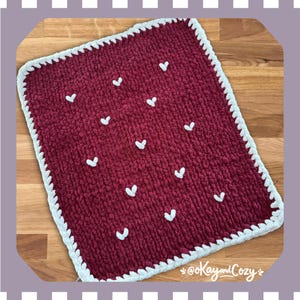 Hand Knit Chunky Chenille Blanket with Hearts image 1