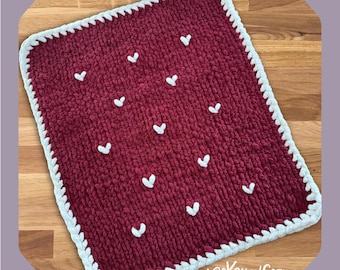 Hand Knit Chunky Chenille Blanket with Hearts