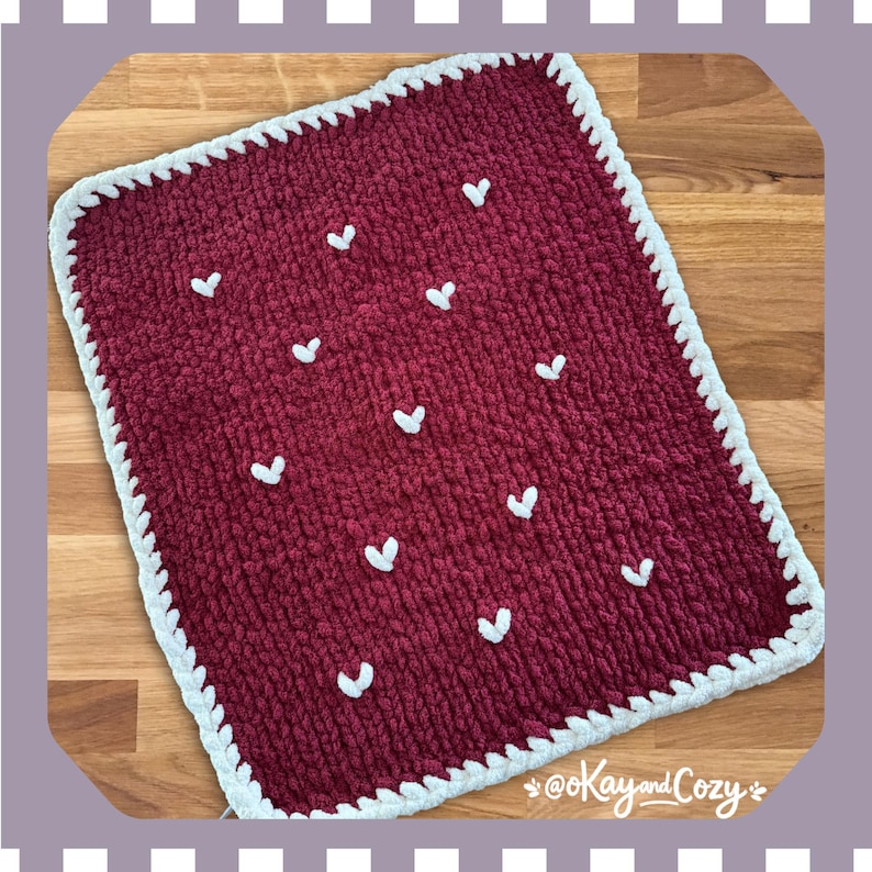 Hand Knit Chunky Chenille Blanket with Hearts image 1