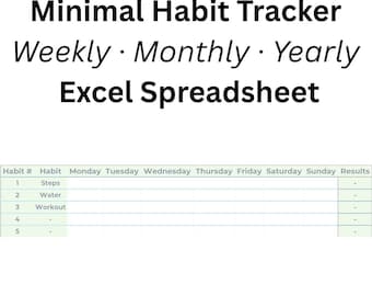 Minimale gewoonte-tracker-spreadsheet | Excel-sjabloon voor wekelijkse, maandelijkse en jaarlijkse gewoonten | Digitale download