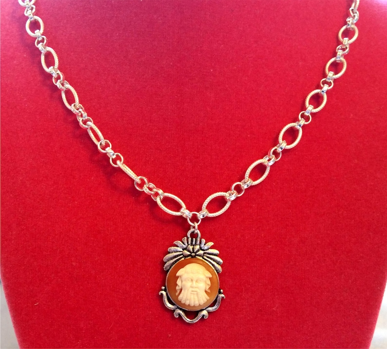 Victorian Georgian Shell Cameo Necklace Greek God Shell Cameo Sterling Silver Link Chain Necklace