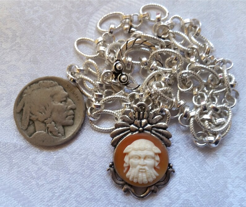Victorian Georgian Shell Cameo Necklace Greek God Shell Cameo Sterling Silver Link Chain Necklace