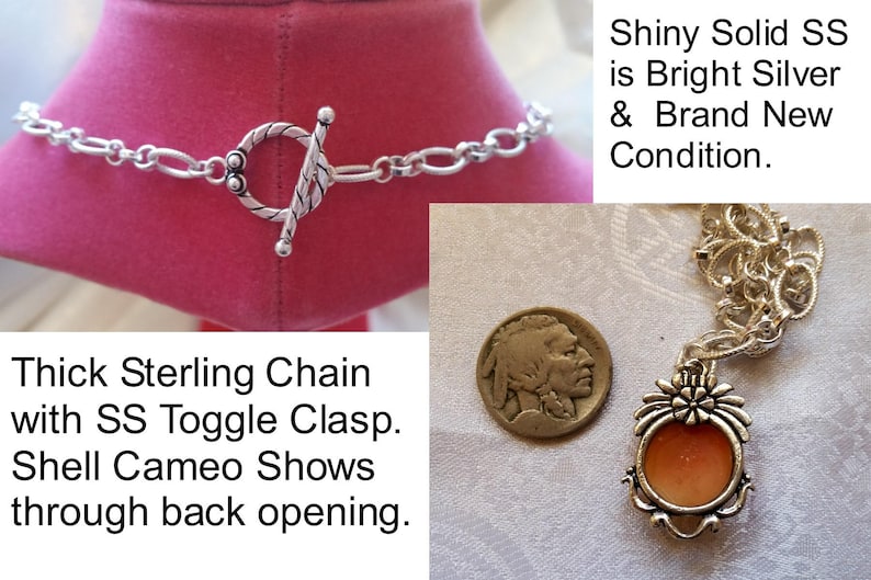 Victorian Georgian Shell Cameo Necklace Greek God Shell Cameo Sterling Silver Link Chain Necklace