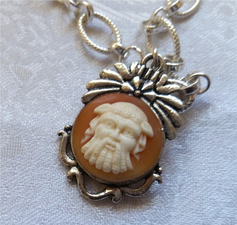 Victorian Georgian Shell Cameo Necklace Greek God Shell Cameo Sterling Silver Link Chain Necklace