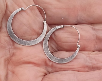 Sterling Silver Hoop Earrings: 1 3/4" Earthy Texture, Artisan Crafted NOT SHINY one inch diameter   FREE shipping batik jewelry box