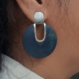 Indigo Dyed Coconut Shell Earrings: Sterling Silver Boho Dangles