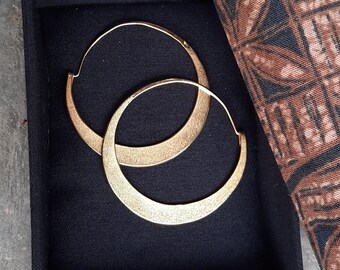 Gold hoop earrings,  gift box, for strong women. Earthy  Boho earrings,  NOT SHINY up-cycled jewelry.. 1 3/4"  FREE shipping