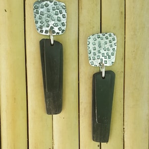 Black silver boho earrings ebony and silver dangle lightweight,   hand carved sustainable 2" -, FREE SHIPPING Free batik gift box