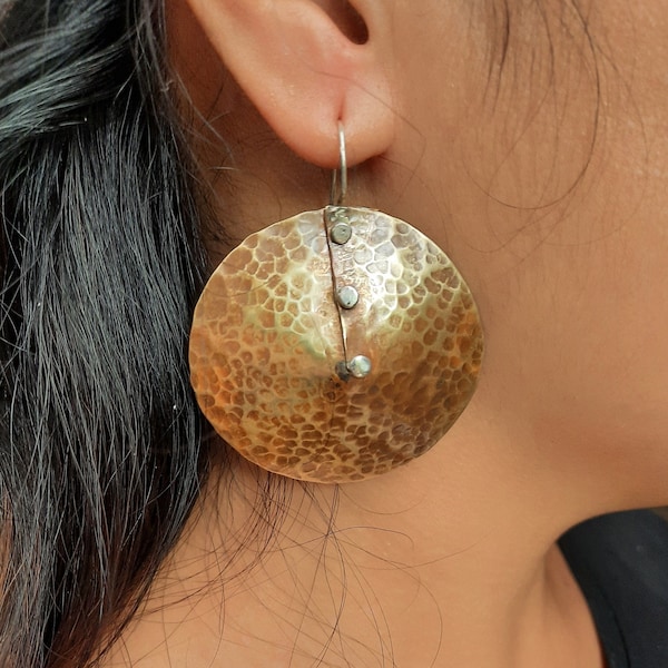 Hammered texture earrings dangle, Up-cycled jewelry,  Patinated brass, sterling silver and lightweight, 2 inch diameter. Tarnish proof