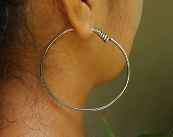 Big hoop earrings, artisan made from recycled sterling silver. Hill tribe jewelry for strong women  2 1/2" or 3 1/2 inches.