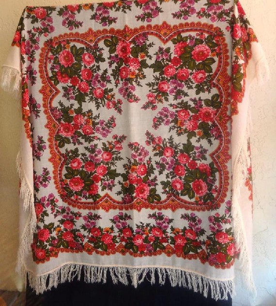 Large Vintage Fringed Russian or Ukrainian Challis