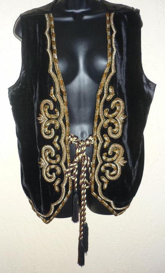 VTG Black Silk Velvet Open Vest  Gold Bullion Stum