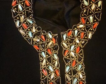 VINTAGE Hong Kong  1950s Hand "Jeweled"  Sweater / Jacket  faux turquoise "jewels" w/ "pearls" "jet" & "coral"