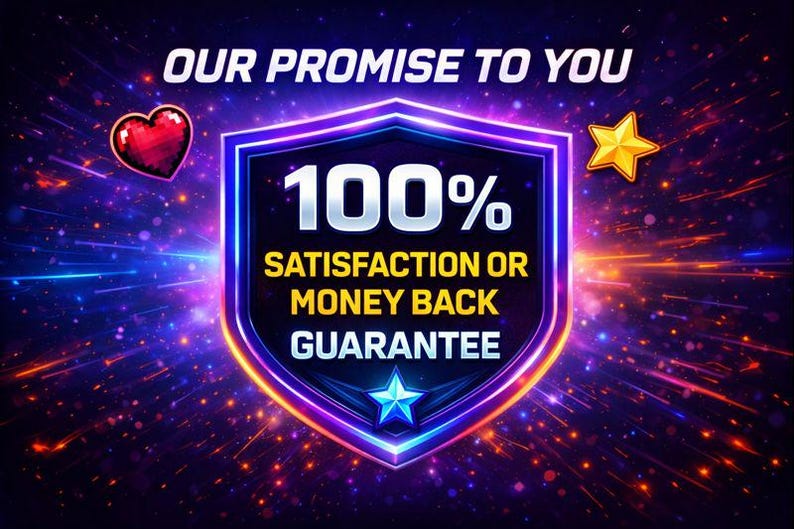 May include: A digital graphic with the text "OUR PROMISE TO YOU" at the top. A shield in the center reads "100% SATISFACTION OR MONEY BACK GUARANTEE". A red heart and gold star are on either side.