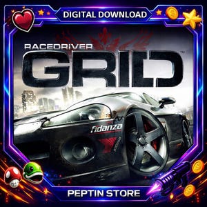 Puede incluir: Gráfico de descarga digital para el videojuego Race Driver GRID. La imagen presenta un coche deportivo negro con la palabra GRID en letras grandes y en negrita. El fondo muestra un paisaje urbano. La imagen está enmarcada con un borde decorativo.