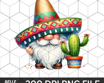 Nain coloré avec sombrero et cactus - dessin animé lunatique pour sublimation - téléchargement immédiat PNG de haute qualité