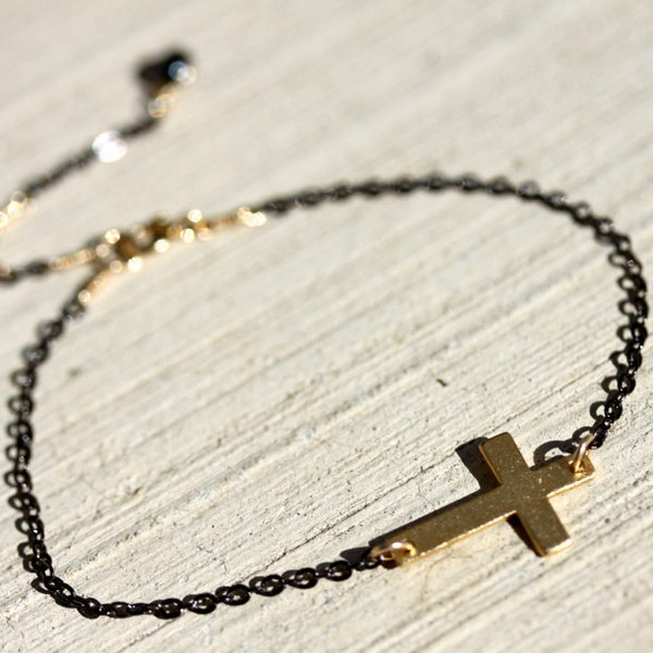 Gold Cross Bracelet Agape. Gold & Gunmetal Bracelet. Horizontal Gold Cross Pendant Black Fresh Water Pearl