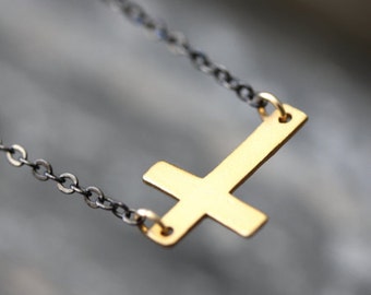 Gold Cross Necklace Gold & Gunmetal Necklace. Horizontal Gold Cross Pendant