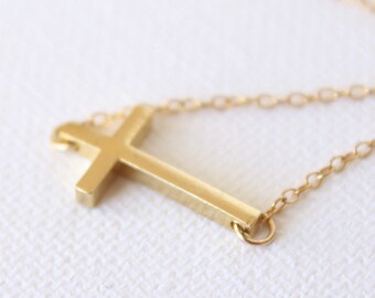 3D Cross Necklace 18k Gold Horizontal Cross Pendant Charm Necklace