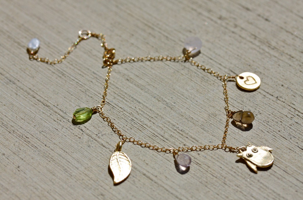 Gold Owl Bracelet Gold Leaf Gold Heart Charm Bracelet Etsy