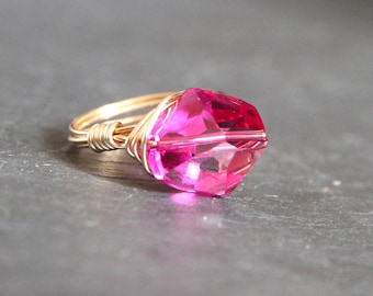 Gold Wire Wrapped Ring, Pink Swarovski Crystal Ring, Gold Ring, Gemstone Ring, Stone Ring, Bridesmaid Gift