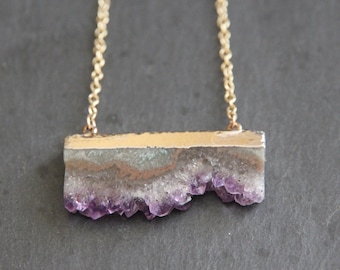 24k Gold Dipped Purple Amethyst Druzy Crystal Pendant 18k Gold Chain Necklace Drusy Druse February Birthstone