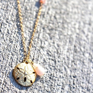 Capri. Gold Sand Dollar, Rose Quartz and Multicolored Tourmaline Cube Necklace