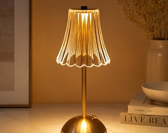Gold Cordless Table Lamp, Rechargeable Acrylic Shade, Modern Ambient Bedside Lighting