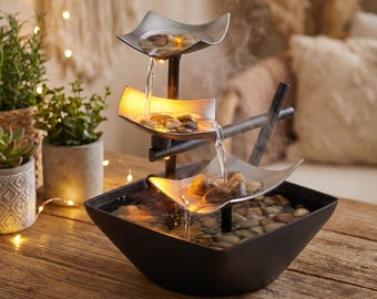 Tabletop Water Fountain with LED Light, Zen Relaxation Decor, Desk Accessory