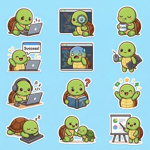 Sticker Sheet (12 pcs) - Software Developer Turtle Stickers, Cute Kawaii Coding Decals for Programmers, Planner & Laptop Gifts