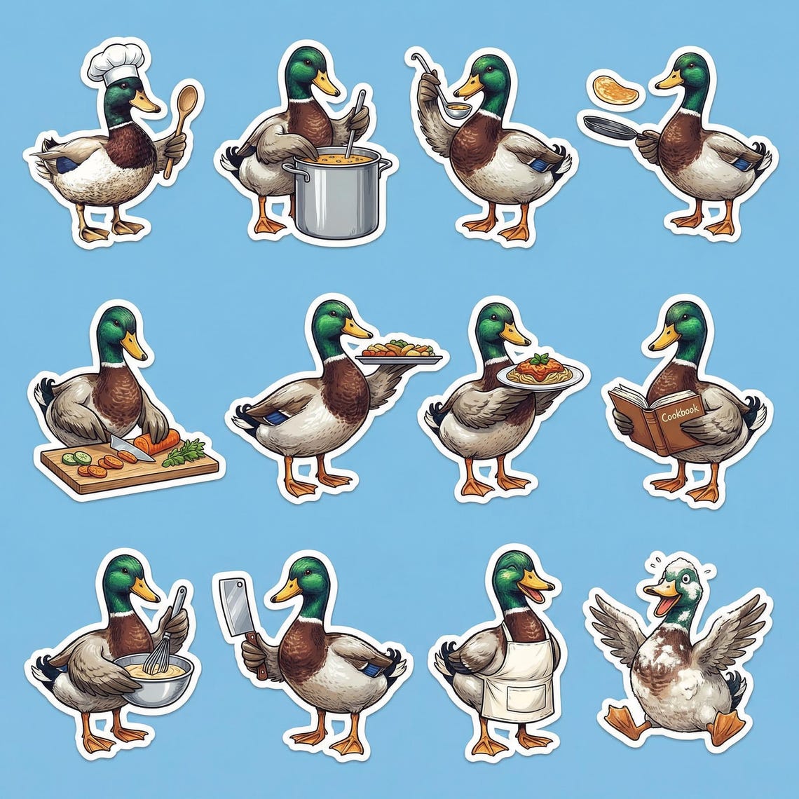 Sticker Sheet (12 Pcs) Mallard Duck Chef Stickers - Cute Cooking Decals ...