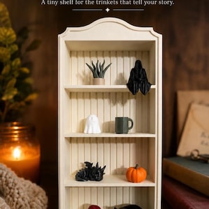 Può includere: Uno scaffale in legno color crema a quattro livelli, con la scritta STORYKEEPER CURIO. I ripiani contengono statuette in miniatura tra cui una pianta verde, una figura nera con cappuccio, un fantasma bianco, una tazza verde, un drago nero, una zucca arancione, un cappello rosso e un gatto nero.