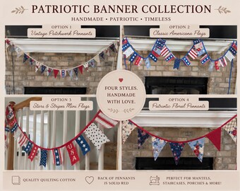 Vaterländische Stoff-Bannergirlande | Vierte Juli Wimpelkette Americana Quilt Banner | Gedenktag Dekor | Rot Weiß Blau Decor