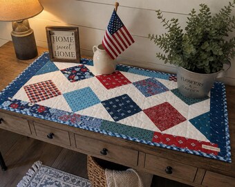 Reversible Americana Quilted Table Runner | Red White Blue Farmhouse Decor