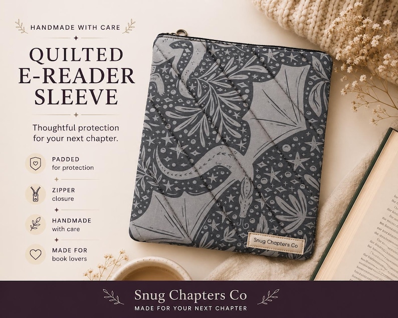 Dragon Kindle Sleeve, Quilted E-Reader Sleeve, Padded Kindle Case, Fantasy Reader Gift, Handmade Bookish Accessory
kindle sleeve
ereader sleeve
kindle case
quilted kindle case
padded kindle sleeve
dragon kindle sleeve
fantasy reader gift
book lover gift
reader accessory
kindle accessory
handmade kindle case
bookish gift
zipper kindle case