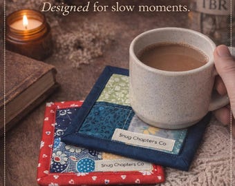 Tapete para caneca em patchwork acolchoado | Tapete de café aconchegante estilo cottagecore, presente para amantes de livros
